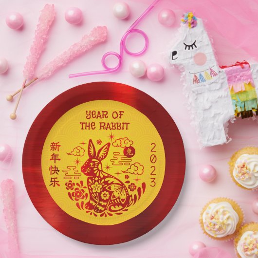 Chinesisches Neujahr 2023 Kaninchenrotes Gelb kühl Pappteller (Party)
