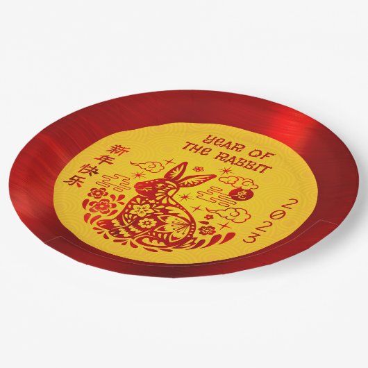 Chinesisches Neujahr 2023 Kaninchenrotes Gelb kühl Pappteller (Schrägansicht)