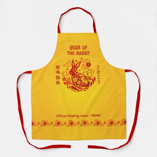 Chinesisches Neujahr 2023 Kaninchenrotes Gelb kühl Schürze (Vorderseite)