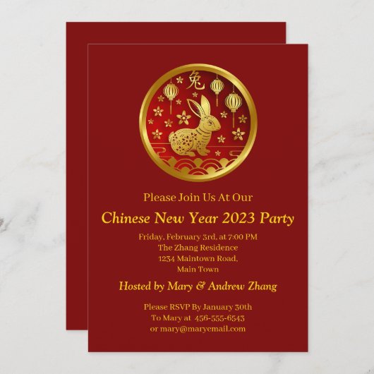 Chinesisches Neujahr 2023 Rabbit, Name und Details Einladung (Vorne/Hinten)