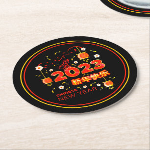 Chinesisches Neujahr 2023 Rabbit Red Gold Black Runder Pappuntersetzer