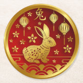 Chinesisches Neujahr 2023 Rabbit Red Gold Runder Pappuntersetzer (Vorderseite)