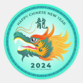 Chinesisches Neujahr 2024 Dragon Aqua Gold Large 3 Runder Aufkleber (Vorderseite)