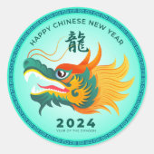Chinesisches Neujahr 2024 Dragon Aqua Gold Small 1 Runder Aufkleber (Vorderseite)