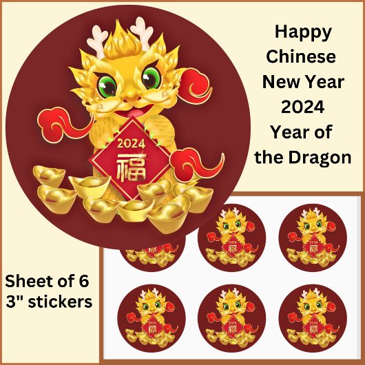 Chinesisches Neujahr 2024 Dragon Gold Red Large 3" Runder Aufkleber