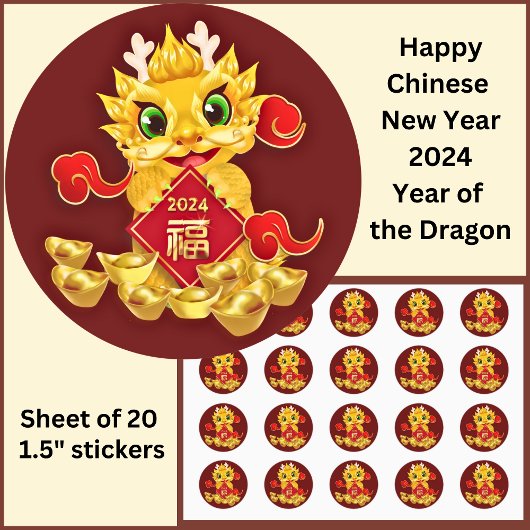 Chinesisches Neujahr 2024 Dragon Gold Red Small 1, Runder Aufkleber