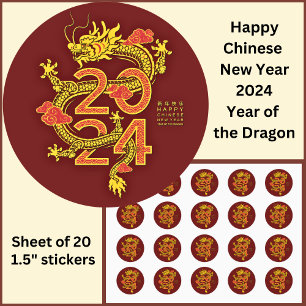Chinesisches Neujahr 2024 Dragon Gold Red Small 1, Runder Aufkleber