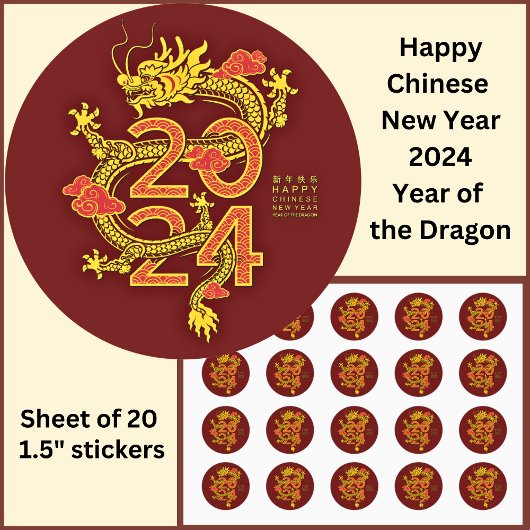 Chinesisches Neujahr 2024 Dragon Gold Red Small 1, Runder Aufkleber