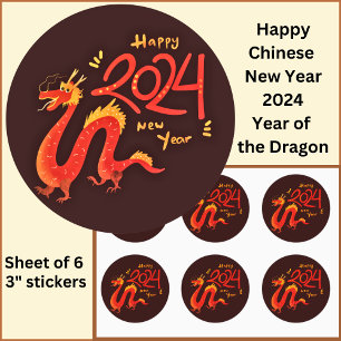 Chinesisches Neujahr 2024 Dragon Large 3" Runder Aufkleber
