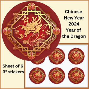 Chinesisches Neujahr 2024 Dragon Red Gold Large 3" Runder Aufkleber