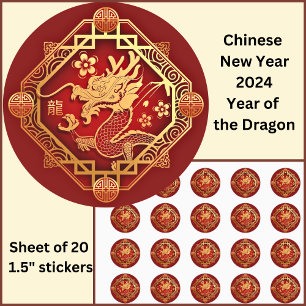 Chinesisches Neujahr 2024 Dragon Red Gold Small 1, Runder Aufkleber