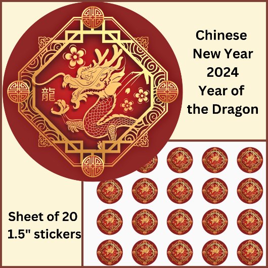 Chinesisches Neujahr 2024 Dragon Red Gold Small 1, Runder Aufkleber