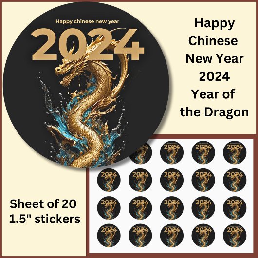 Chinesisches Neujahr 2024 Dragon Small 1,5" Runder Aufkleber