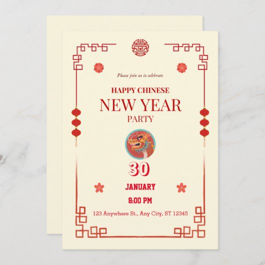 Chinesisches Neujahr 2024 Jahr des Drachen Einladung (Vorne/Hinten)