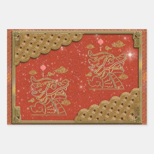 Chinesisches Neujahr 2024 Papercut Dragon Wood Gol Geschenkpapier Set (Vorderseite 2)