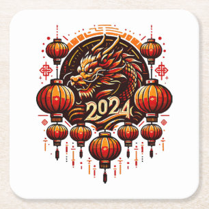 Chinesisches Neujahr 2024 Rechteckiger Pappuntersetzer