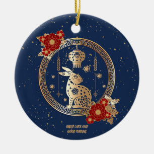 Chinesisches Neujahr des Kaninchens 2023 Blaue gol Keramik Ornament