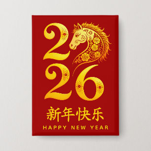 Chinesisches Neujahr des Pferdes 2026. Frohes neue Button