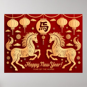 Chinesisches Neujahr des Pferdes 2026. Frohes neue Poster