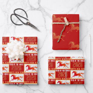 Chinesisches Neujahr des Pferdes 2026 modern Geschenkpapier Set