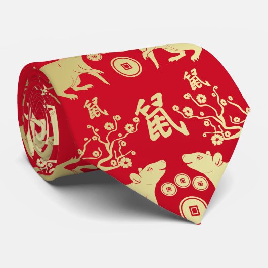 Chinesisches Neujahr des Rattenmusters - Rot und G Krawatte (Gerollt)