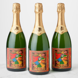 Chinesisches Neujahrs-Papierdrachen Holz Rot Gold Schaumweinetikett