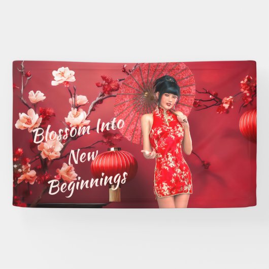 Chinesisches Neujahrsmädchen mit einem roten Regen Banner (Horizontal)