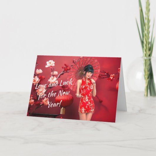 Chinesisches Neujahrsmädchen mit einem roten Regen Karte (Vorderseite)