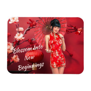 Chinesisches Neujahrsmädchen mit einem roten Regen Magnet