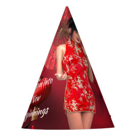 Chinesisches Neujahrsmädchen mit einem roten Regen Partyhütchen