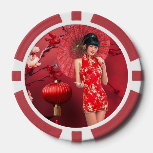 Chinesisches Neujahrsmädchen mit einem roten Regen Pokerchips (Vorderseite)