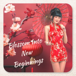 Chinesisches Neujahrsmädchen mit einem roten Regen Rechteckiger Pappuntersetzer