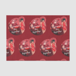 Chinesisches Neujahrsmädchen mit einem roten Regen Seidenpapier