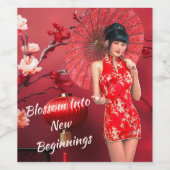 Chinesisches Neujahrsmädchen mit einem roten Regen Weinetikett (Einzelnes Label)