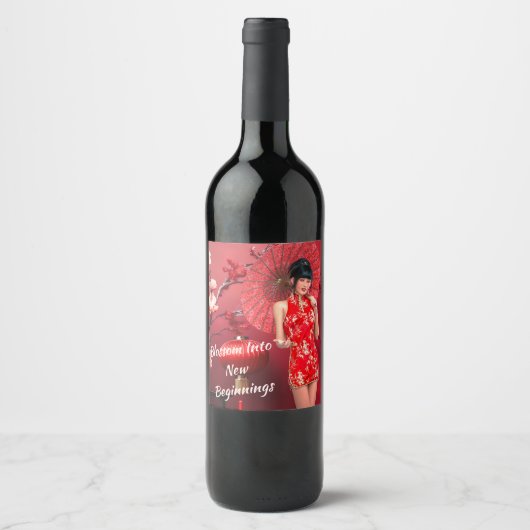 Chinesisches Neujahrsmädchen mit einem roten Regen Weinetikett (Vorderseite)