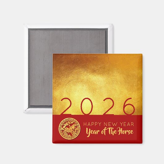 Chinesisches Neujahrspferd 2026 Red Gold SqM Magnet (Vorderseite/Rückseite)