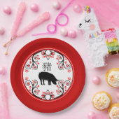 Chinesisches Neujahrsschweinchen mit roten Blüten Pappteller (Party)