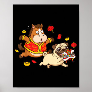 Chinesisches Pferd Mops Lustige Kinder Männer Frau Poster