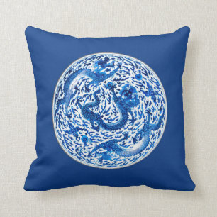 Chinesisches Plättchen, Kobalt-blaue Drachen Kissen