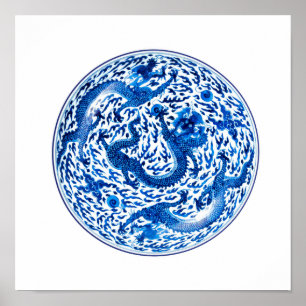 Chinesisches Plättchen, Kobalt-blaue Drachen Poster