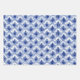 Chinesisches Vintages Muschel Blau-Weiß-Muster Geschenkpapier Set