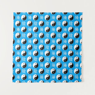 Chinesisches Yinyang-Muster mit blauem Hintergrund Wandteppich