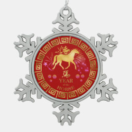 Chinesisches Zodiac Pferd Rot/Gold-ID542 Schneeflocken Zinn-Ornament