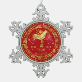 Chinesisches Zodiac-Rooster Rot/Gold-ID542 Schneeflocken Zinn-Ornament