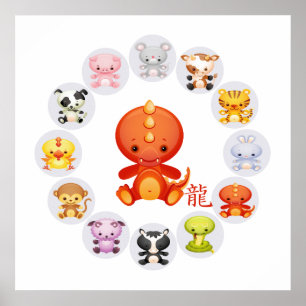 Chinesisches Zodiaka-Jahr des Drachen auf Weiß Poster