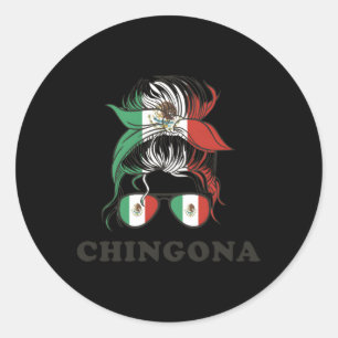 Chingona Mexico Messy Bun Mexican Flag Runder Aufkleber