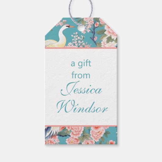 Chinoiserie Aquamarin Floral Egret Geschenkanhänger (Vorderseite)