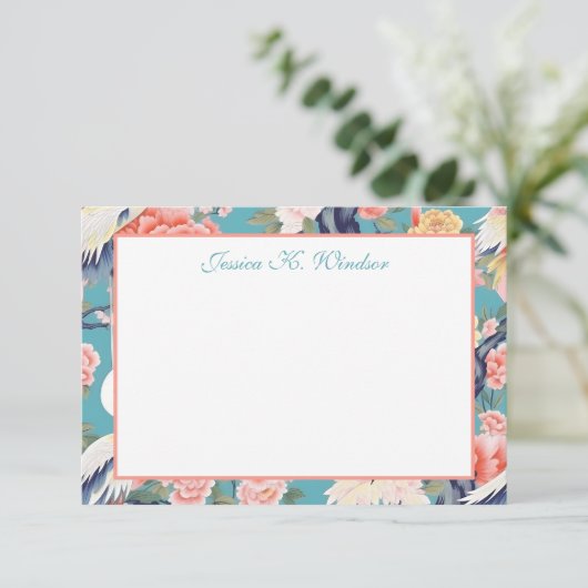 Chinoiserie Aquamarin Floral Egret Personalisiert Dankeskarte (Stehend Vorderseite)