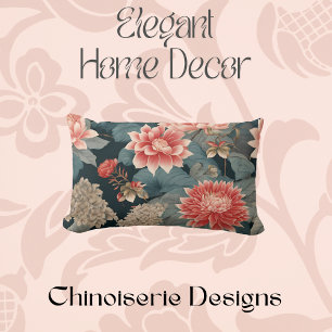 Chinoiserie Aquamarin Peach Florals Lendenkissen