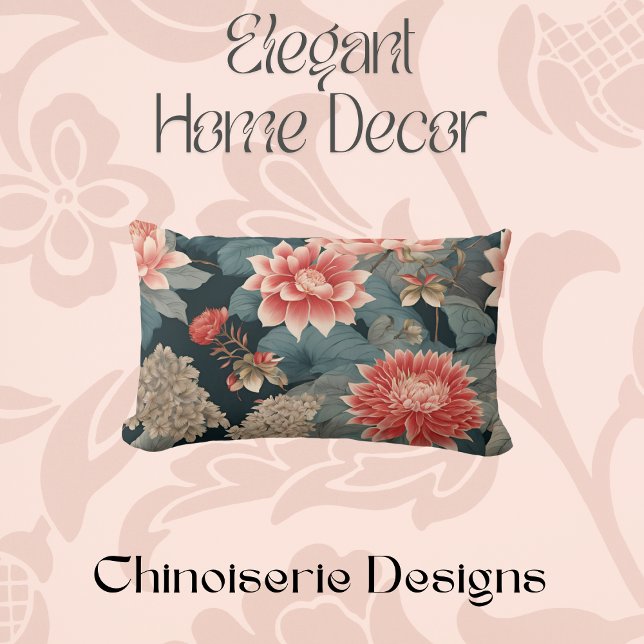 Chinoiserie Aquamarin Peach Florals Lendenkissen (Von Creator hochgeladen)